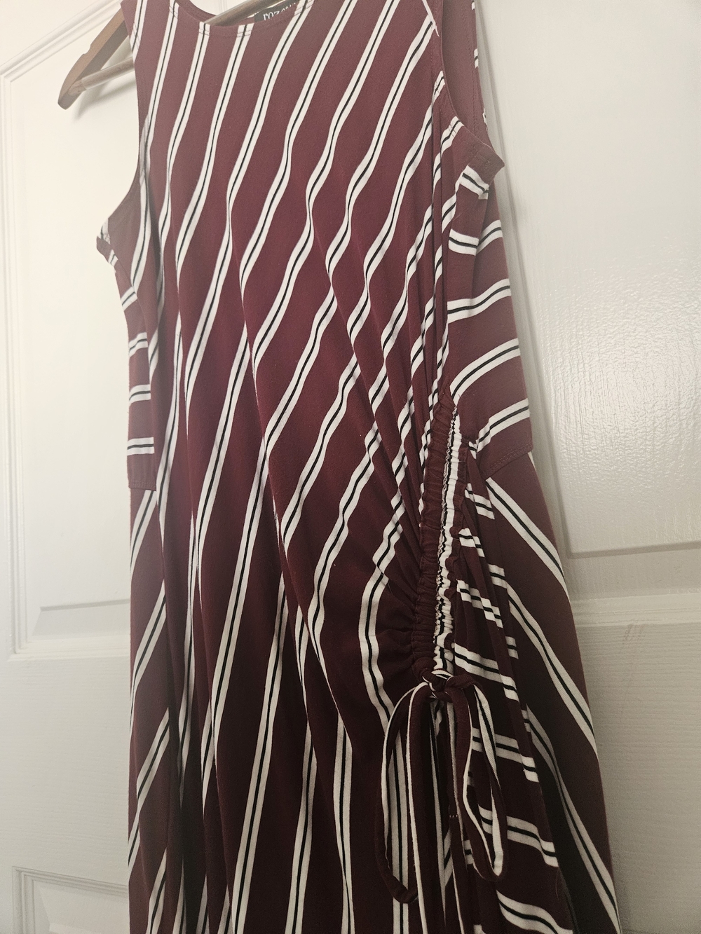 Burgundy and White Striped Maxi Dress with Side Ruched Tie - Picture 2 of 3